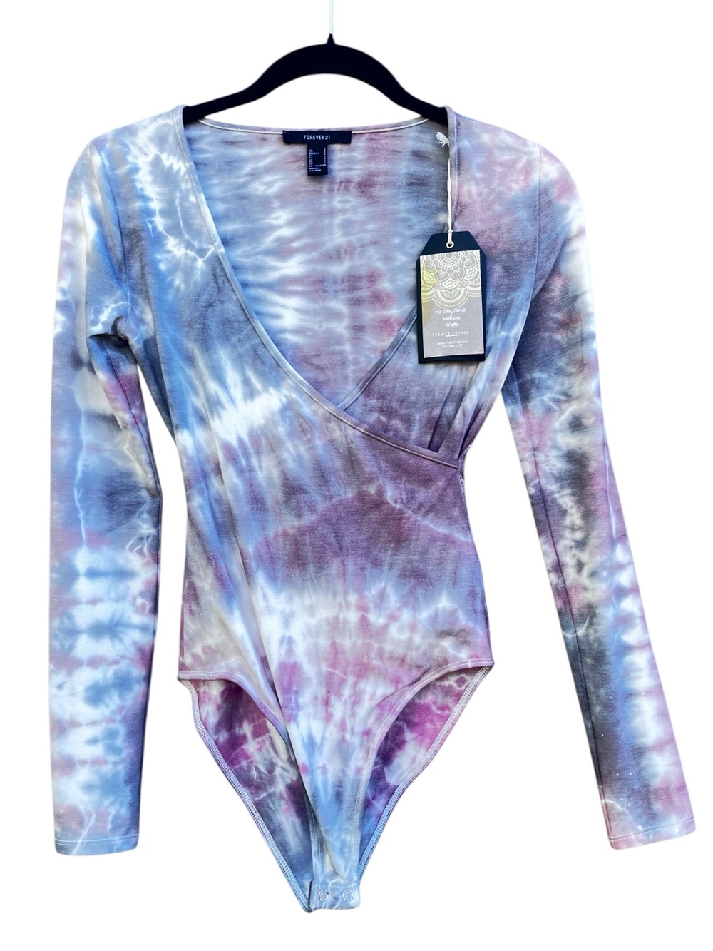 Forever 21 Purple Blue Tie-Dye Wrap Front Long Sleeve Bodysuit